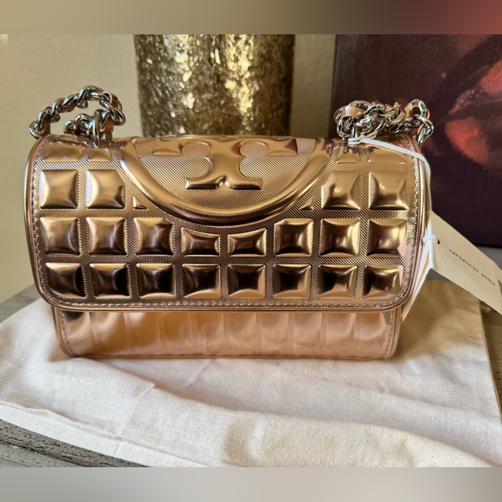 Brand New Authentic Tory Burch Metallic Quilted Leather Convertible Shoulder Bag
